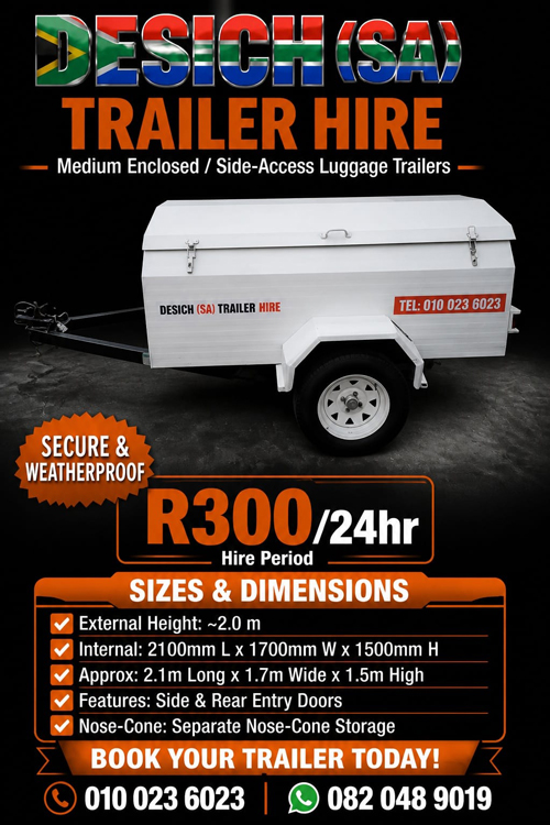 Medium Enclosed / Side-Access Luggage Trailer for hire in Johannesburg
